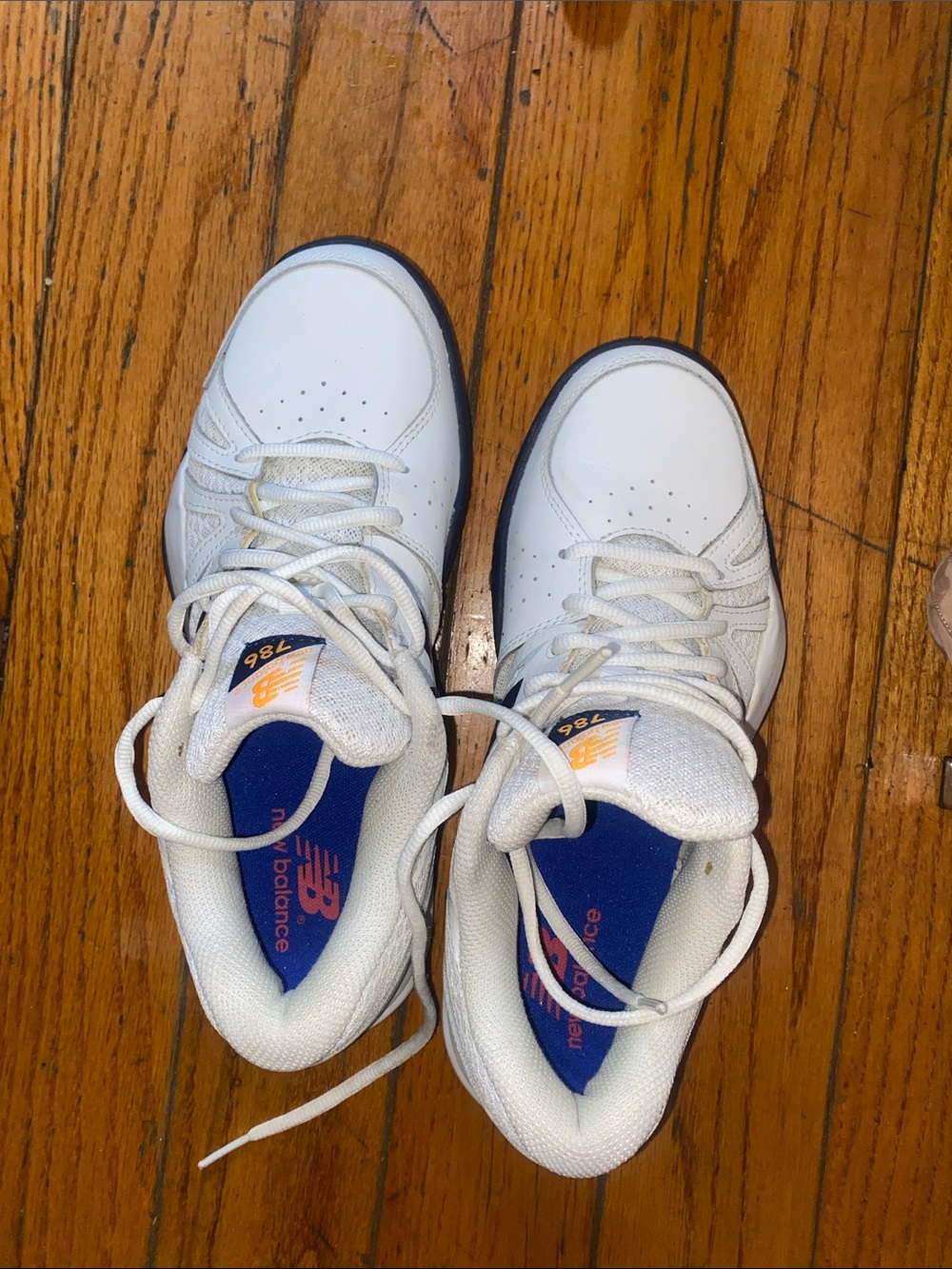 New Balance White Sneakers with Blue Insoles and Navy Trim